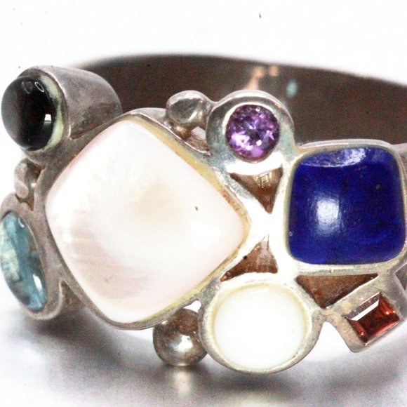 Sterling Silver MOP Lapis Peridot Amethyst Garnet Ring - Picture 3 of 5